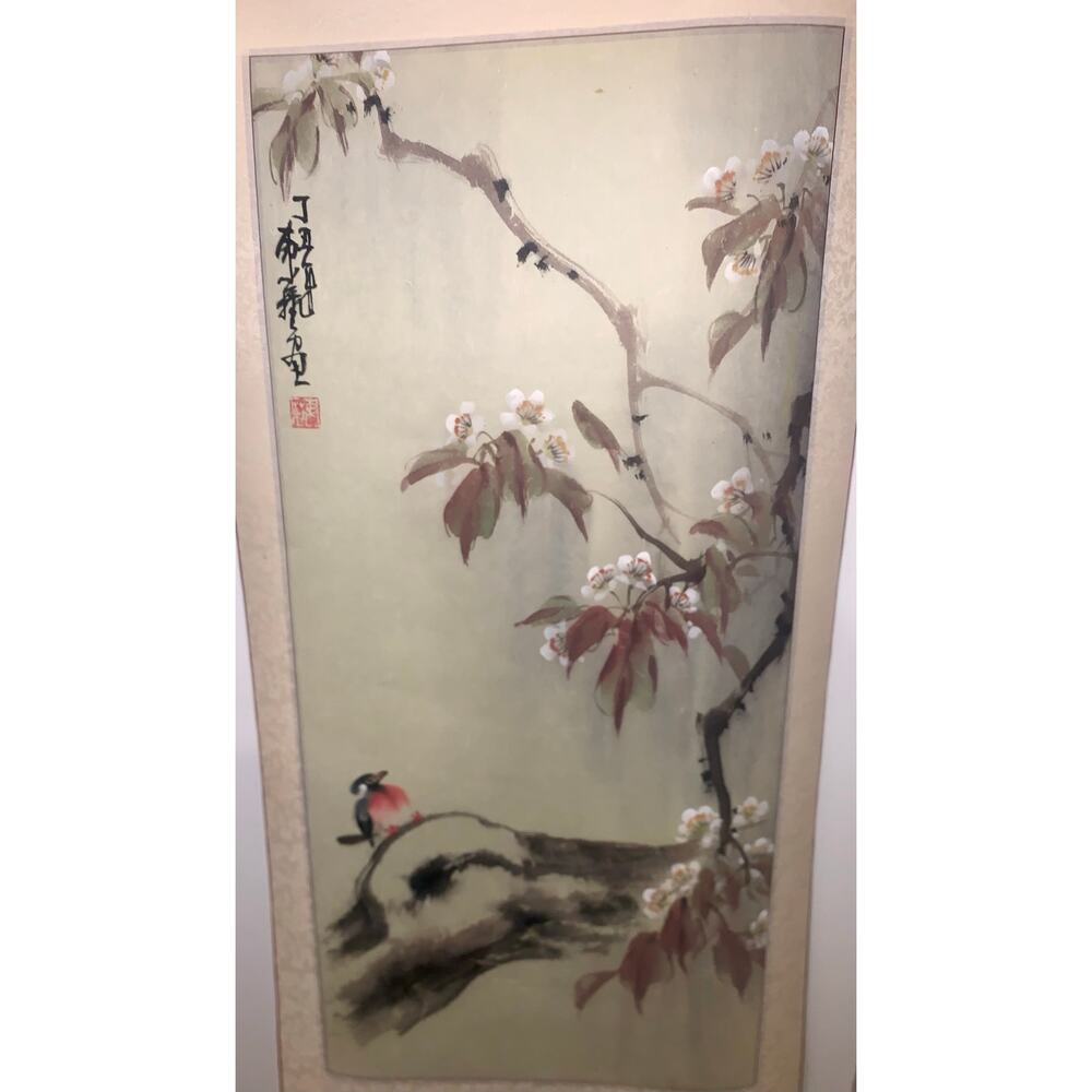 Vintage Asian Silk Scroll Bird Blossom Painting Kakejiku Wall Art w‎ Box